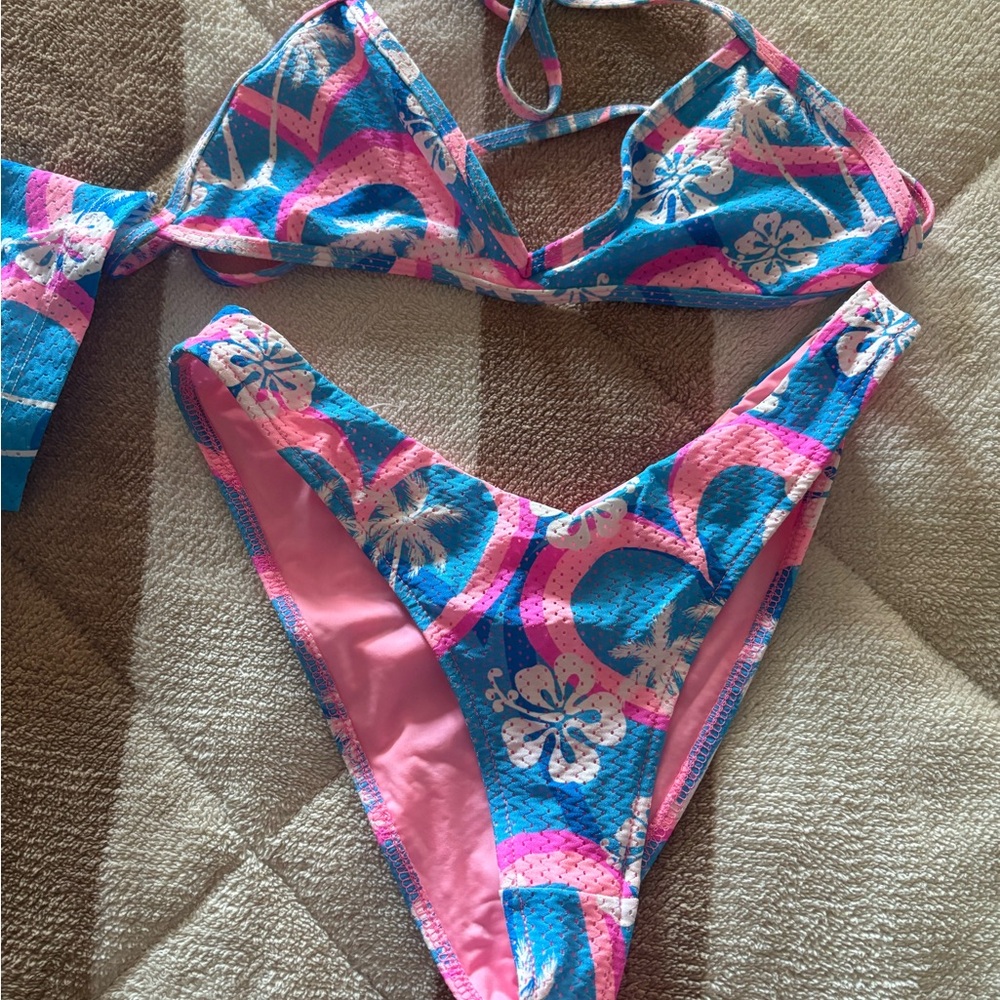 Frankie's Bikinis Vibrant Blue and Pink Floral Set